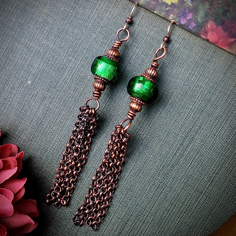 Emerald green tassel chain steam punk earrings